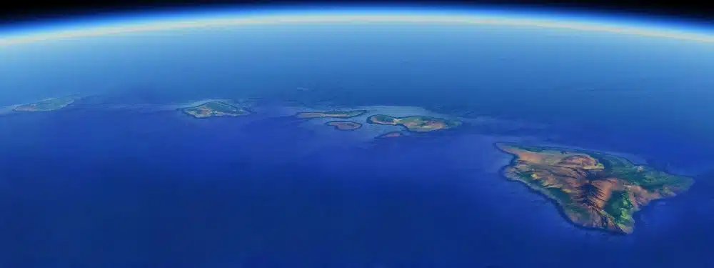 A satellite type image of Hawaii with the Earth's curvature shown.