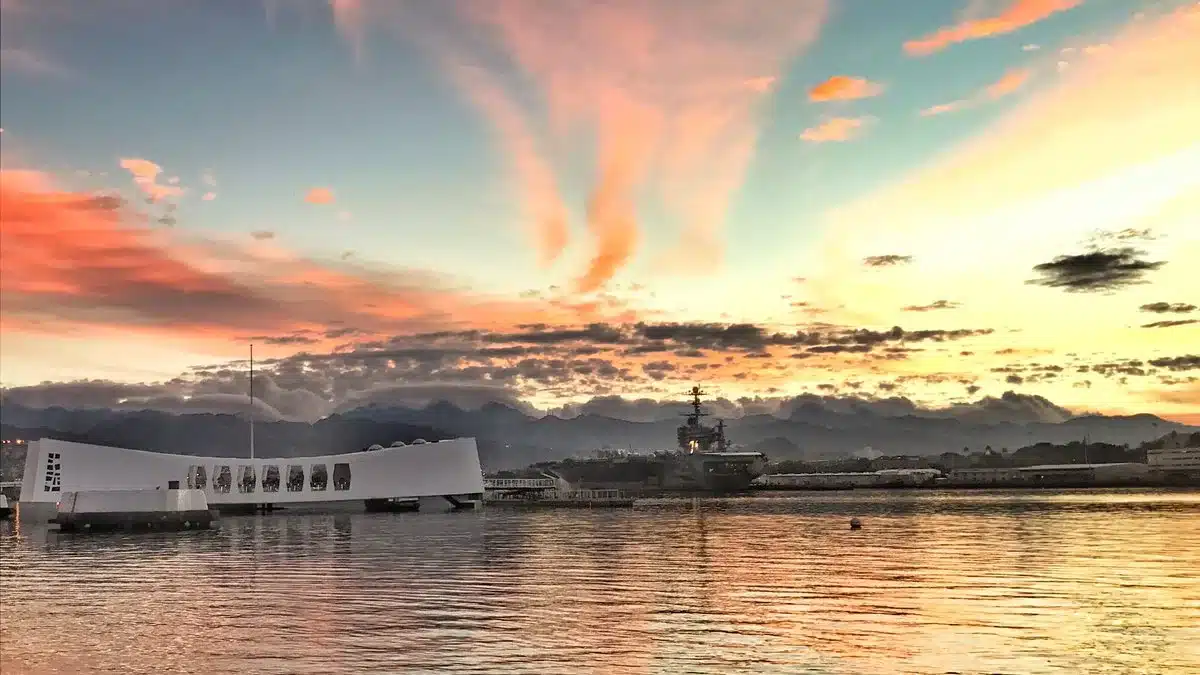A picture of the Arizona Memorial at sunset.